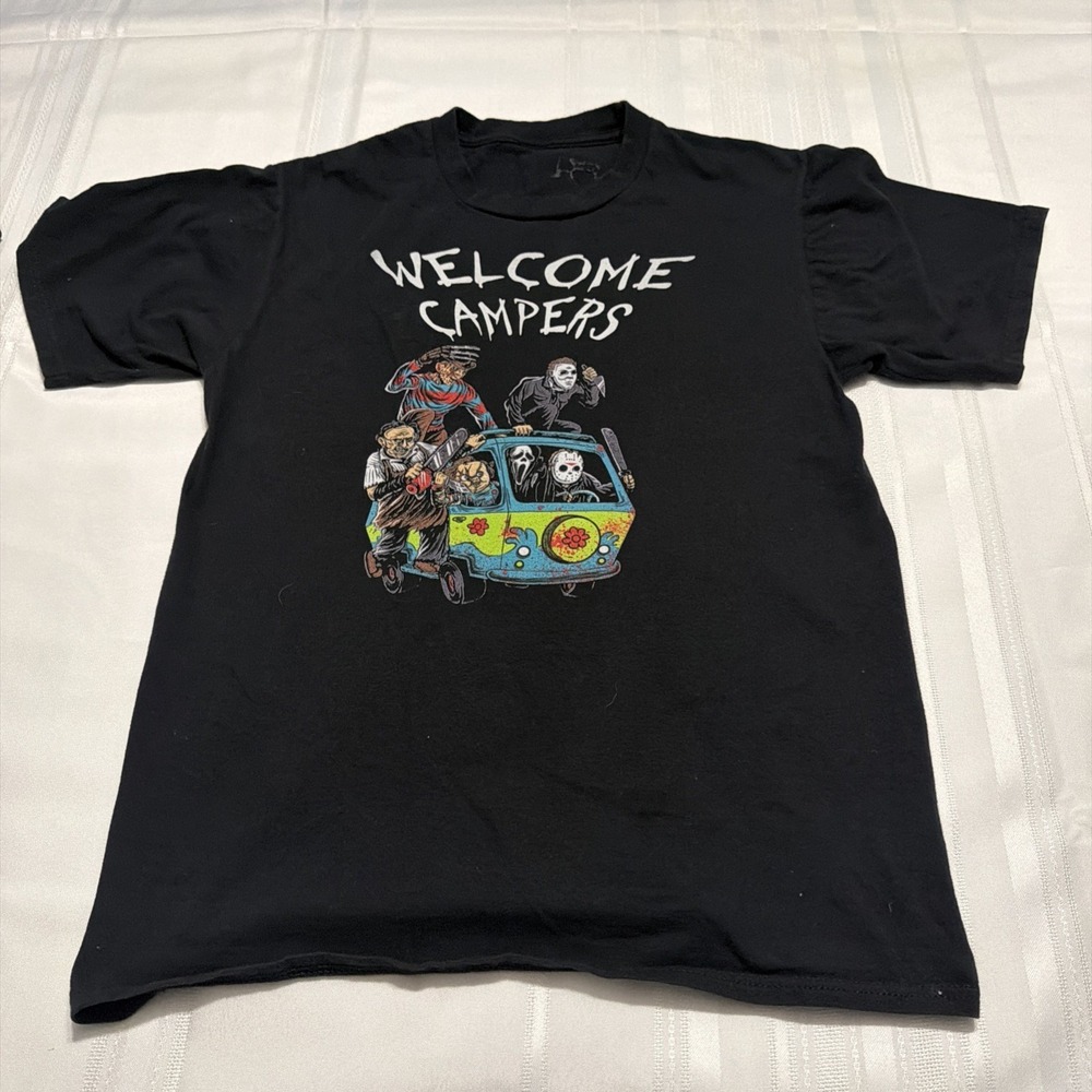 Welcome Campers Horror Movie Villains Mashup Graphic T-Shirt Black Small